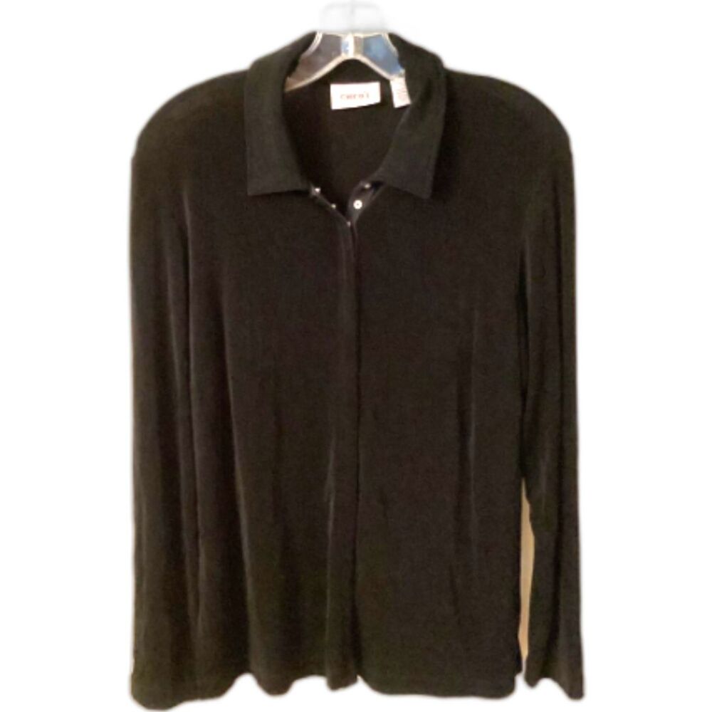 CHICO'S TRAVELERS MED VTG 90S BLACK FULL SNAP FRONT COLLARED LONG SLEEVE BLOUSE